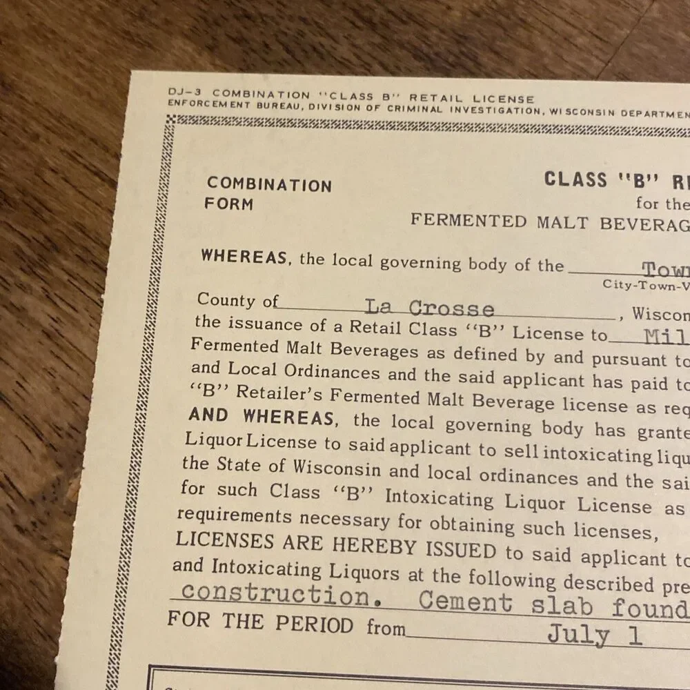 Vintage 1974 Millers Cave La Crosse WI Liquor & Tobacco License Store Permit HTF
